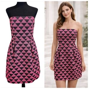 Trina Turk Womens Strapless Geometric Dress 6 Pink Black Cocktails Summer Chic